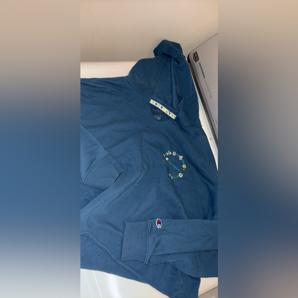Champion Blue Cropped Hoodie with Floral Design